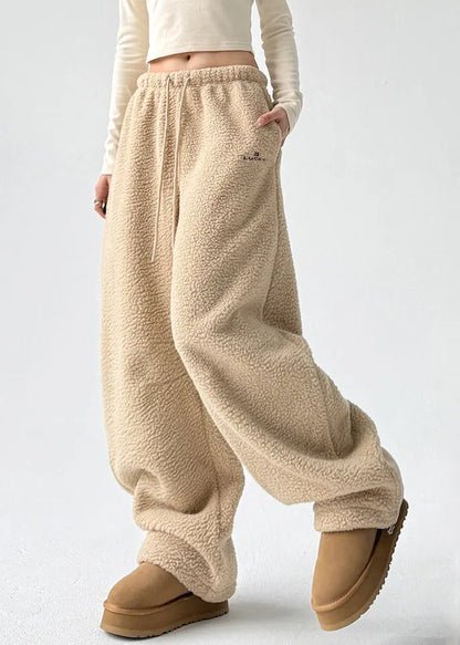 Yellow Pockets Drawstring Faux Fur Thick Trousers Spring