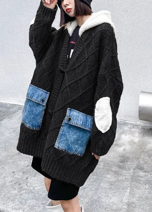 Unique Chocolate Hooded Patchwork Pockets Fall Sweaters Coat