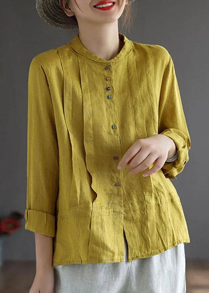 White Flower Button Fall Top Long Sleeve Linen