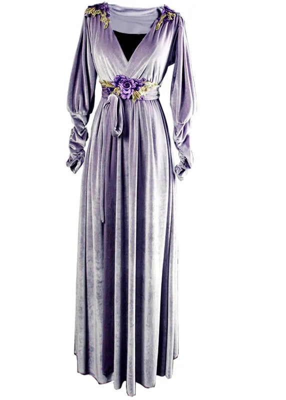Purple V Neck Applique Tie Waist Silk Velour Maxi Dresses Spring