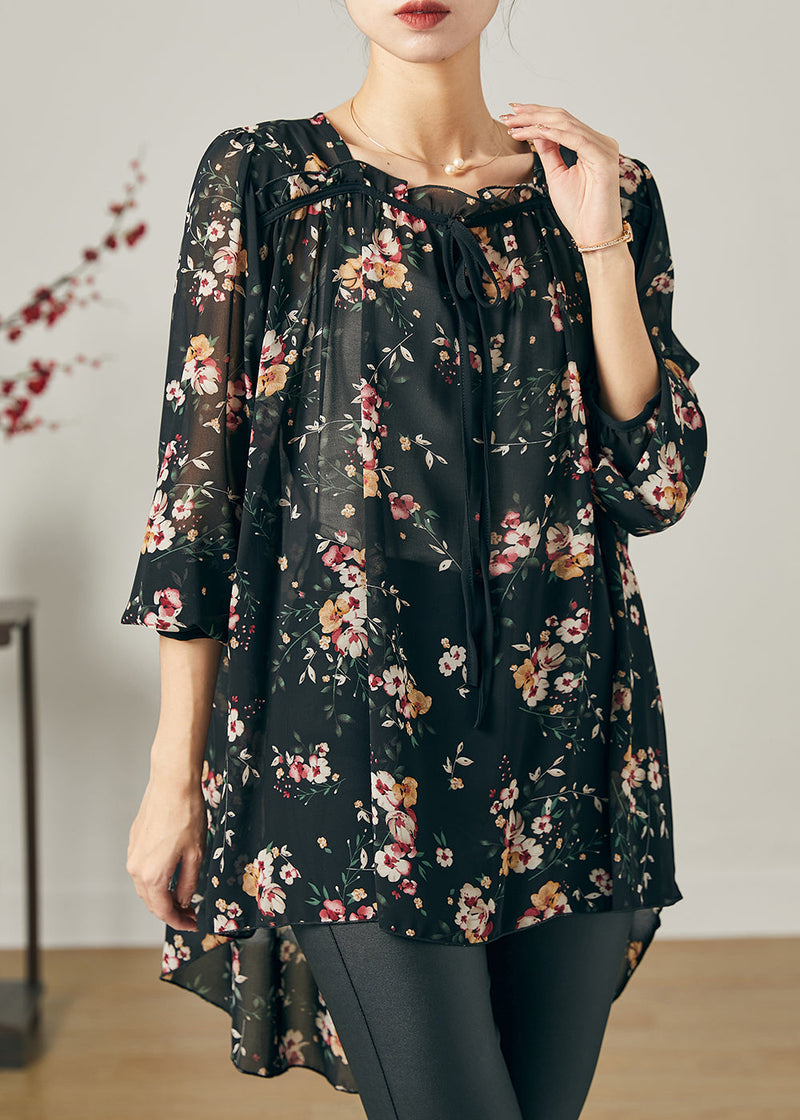Black Oversized Print Chiffon Shirt Summer
