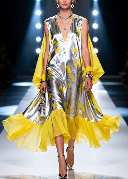 Style Colorblock V Neck Patchwork Chiffon Dress Summer
