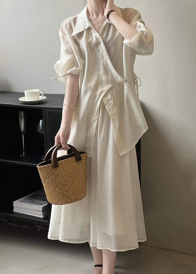 Beige Lace Up Shirts and Skirts Two Pieces Set Fall
