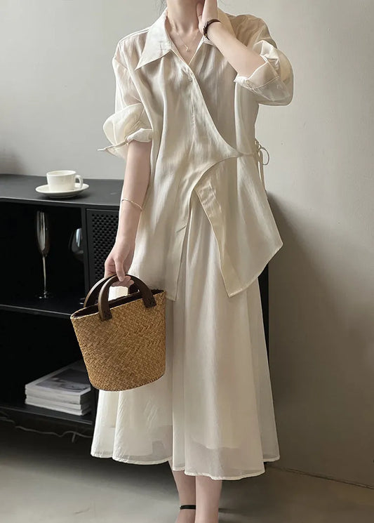 Beige Lace Up Shirts and Skirts Two Pieces Set Fall