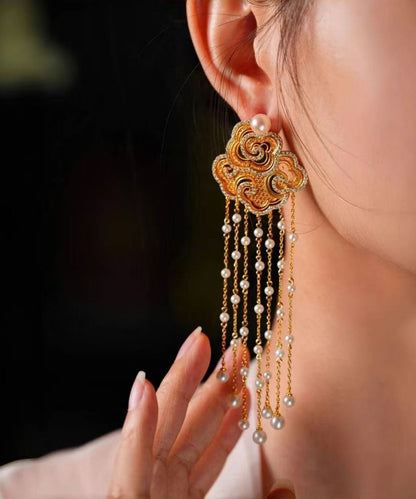 Gold Sterling Silver Overgild Zircon Auspicious Clouds Pearl Tassel Drop Earrings