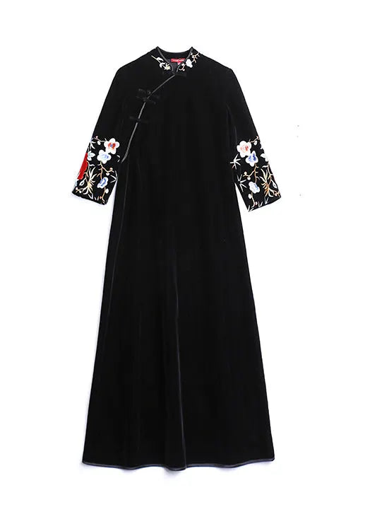 Black Stand Collar Embroideried Patchwork Velour Dress Fall