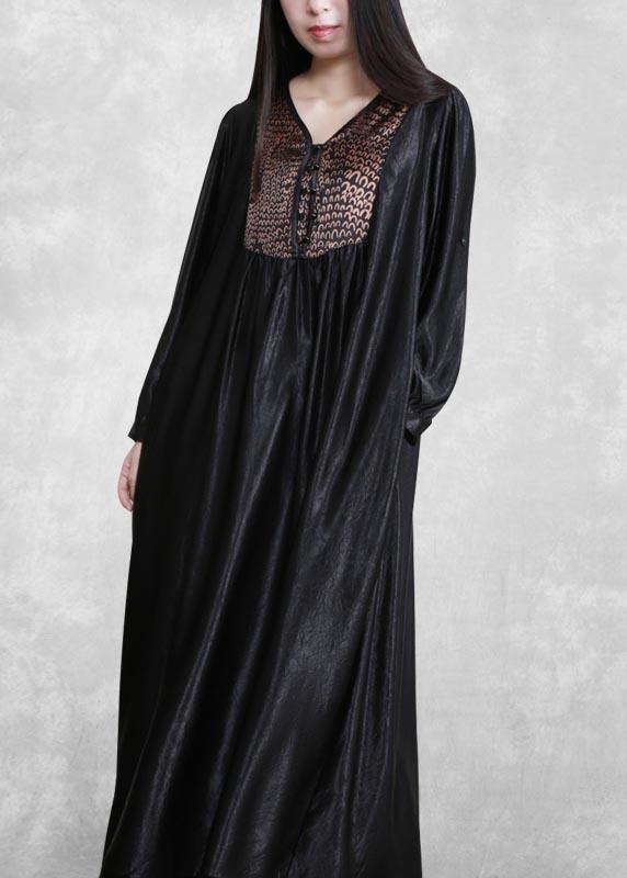 Organic Black Quilting Clothes V Neck Patchwork Robes Spring Dress