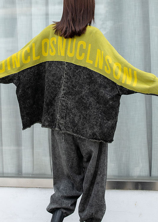 Street Denim Bat Wing Sleeve Patchwork Knit Button Fall Coat