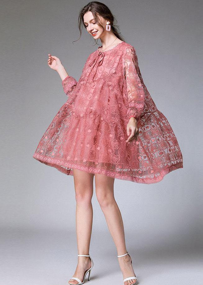 Classy Pink Spring Lace Party Dress Long Sleeve