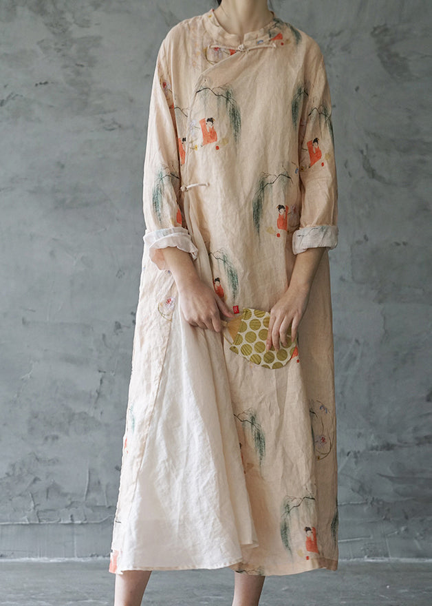 Light Pink Mandarin Collar Print Patchwork Linen Long Dress Long Sleeve