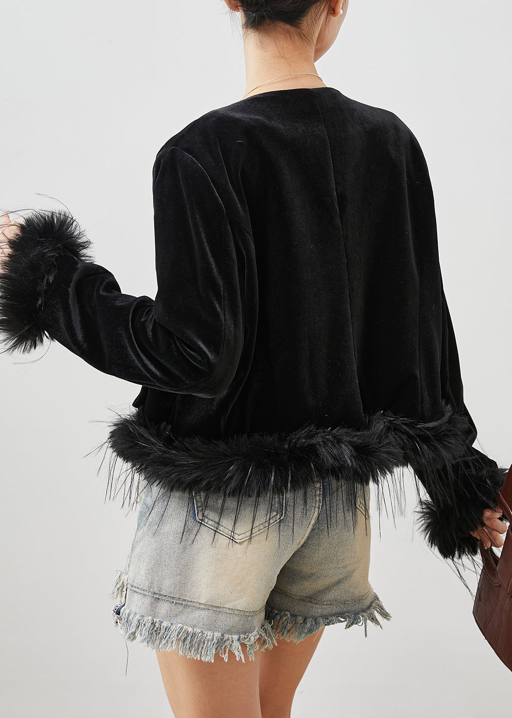 Black Chinese Button Patchwork Feather Silk Velour Jackets Spring