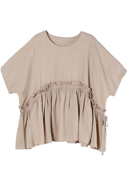 Unique Khaki O-neck Cotton Loose Top Summer