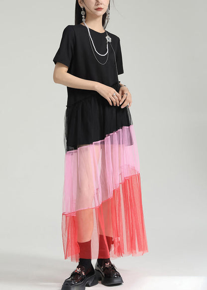 Colorblock O Neck Wrinkled Patchwork Tulle Dresses Summer
