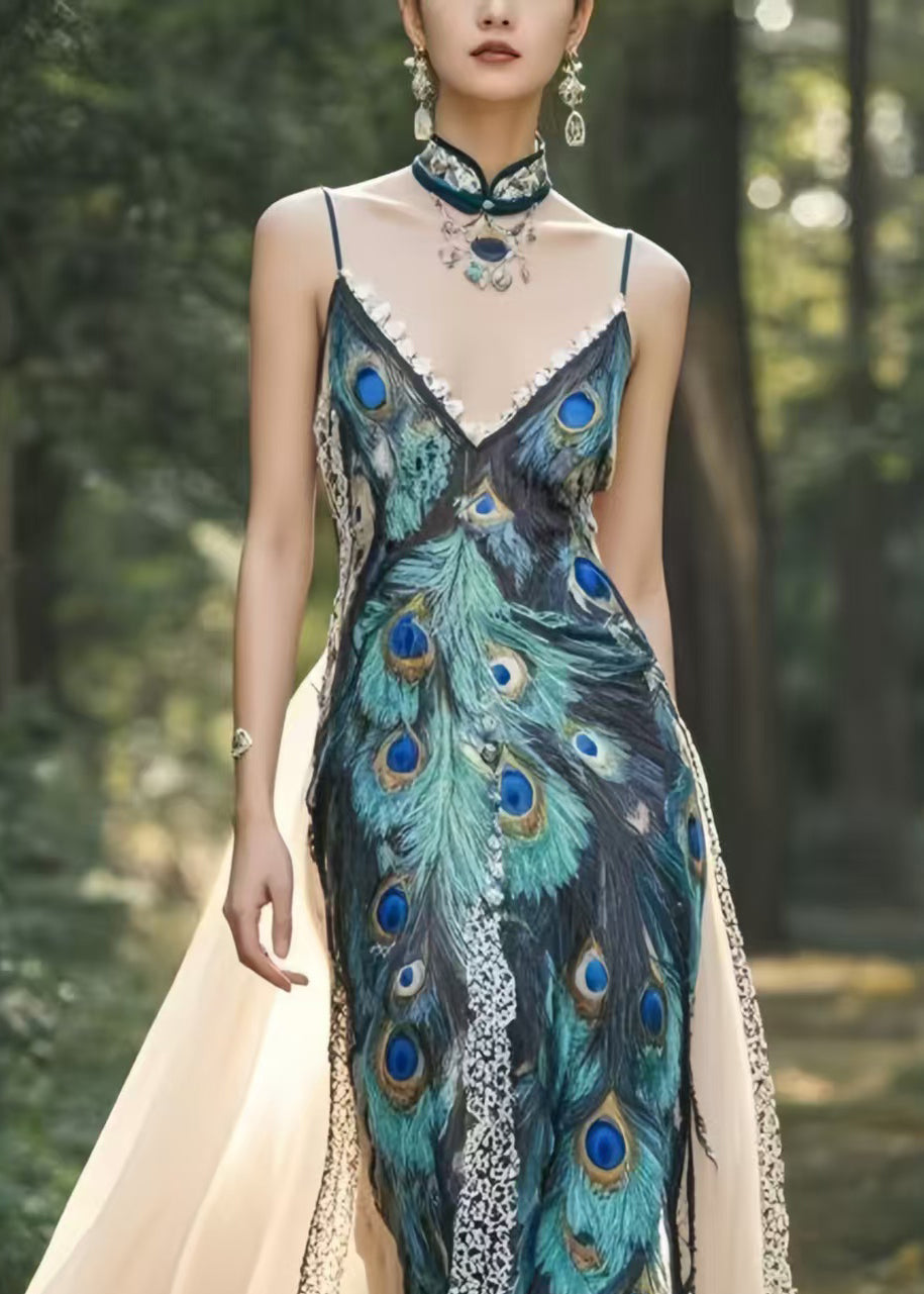 Peacock Feather Print Patchwork Exra Large Hem Chiffon Party Dress Summer