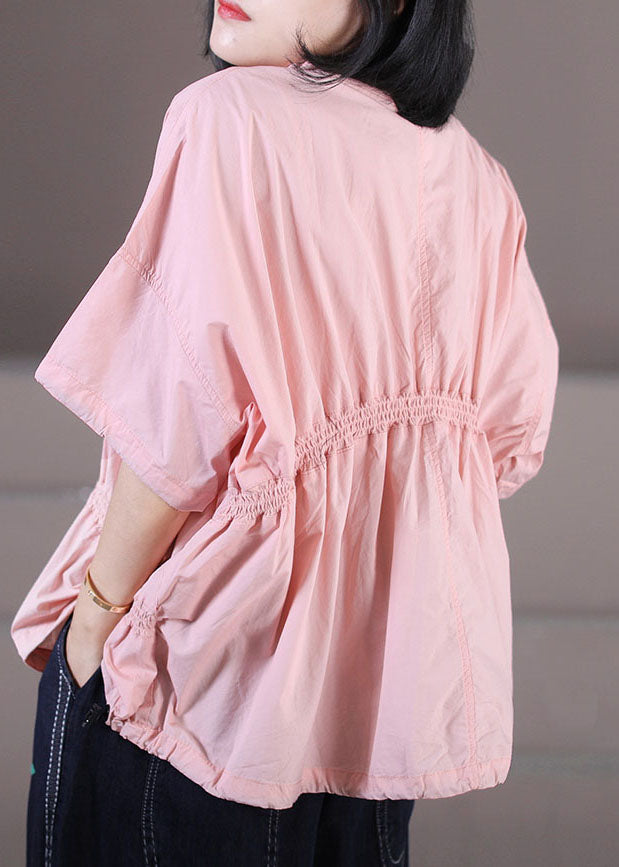 Pink Wrinkled Drawstring Cotton Pullover Sweatshirt Top Summer