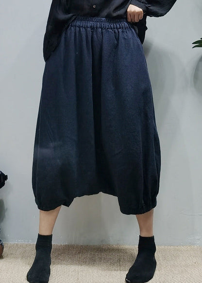Navy Elastic Waist Linen Harem Pants Spring