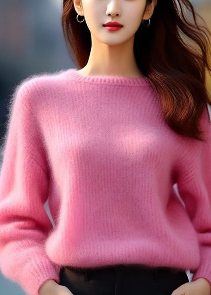 Pink O Neck Cotton Knit Sweaters Spring
