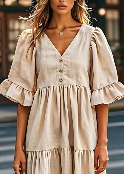 Beige V Neck Wrinkled Patchwork Linen Dresses Summer