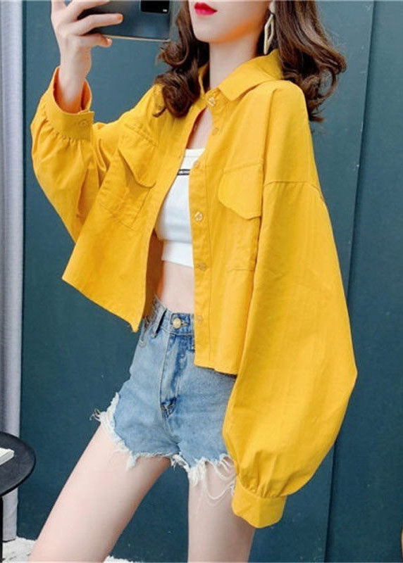 Yellow Color Pockets Cotton Blouses Batwing Sleeve