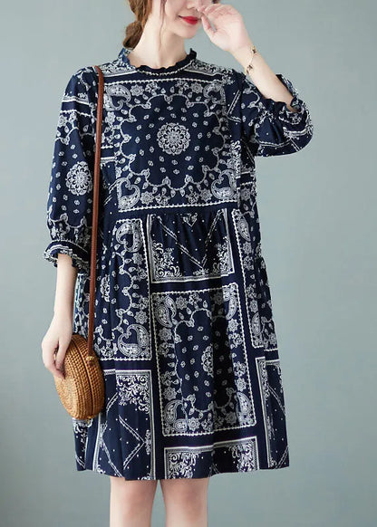 Navy O-neck Patchwork Print Fall Dress Half Sleeve