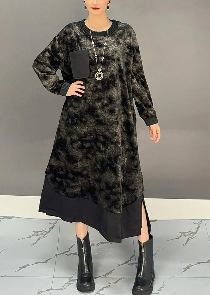 Black O-neck Tie Dye Side Open Silk Velour Maxi Dress Winter