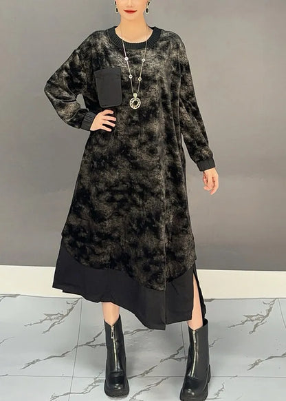 Black O-neck Tie Dye Side Open Silk Velour Maxi Dress Winter
