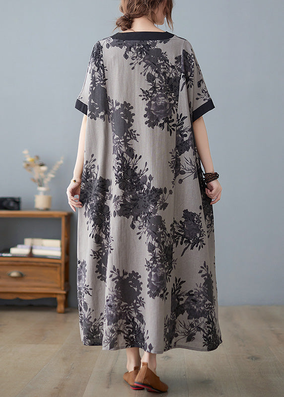 Grey Print Patchwork Maxi Dresses Short Sleeve