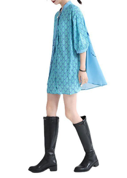 Fine Blue Print Stand Collar Asymmetrical Design Half Sleeve Top