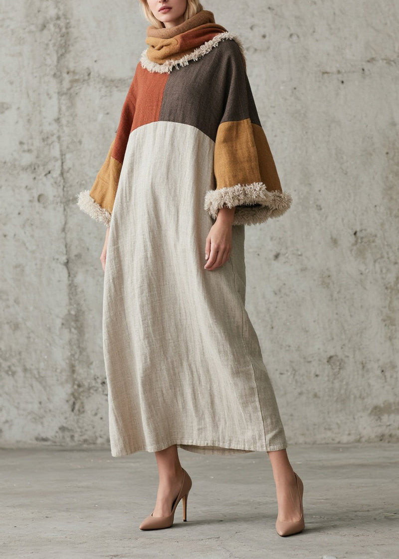 Original Design Colorblock Fuzzy Fur Patchwork Cotton Dress Fall
