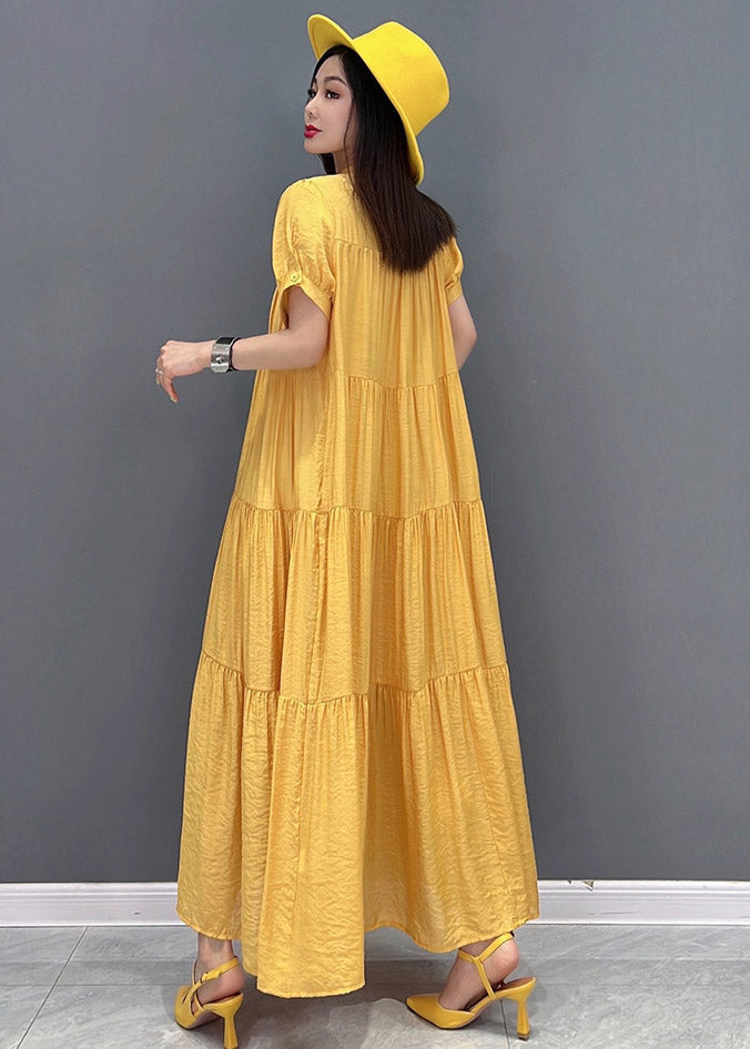 Yellow Stand Collar Patchwork Button Maxi Dresses Short Sleeve