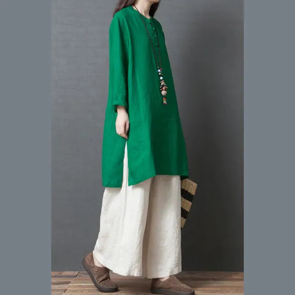 Green Linen Outfit Fabrics Chinese Button Short Side Open Dress Spring