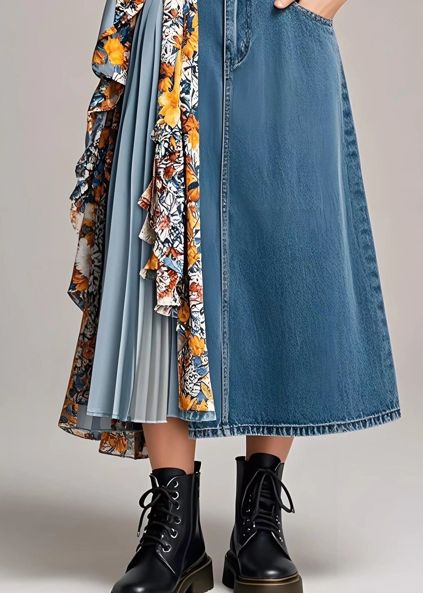 Stylish Navy Asymmetrical Patchwork Wrinkled Denim Skirts Spring