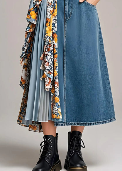 Stylish Navy Asymmetrical Patchwork Wrinkled Denim Skirts Spring