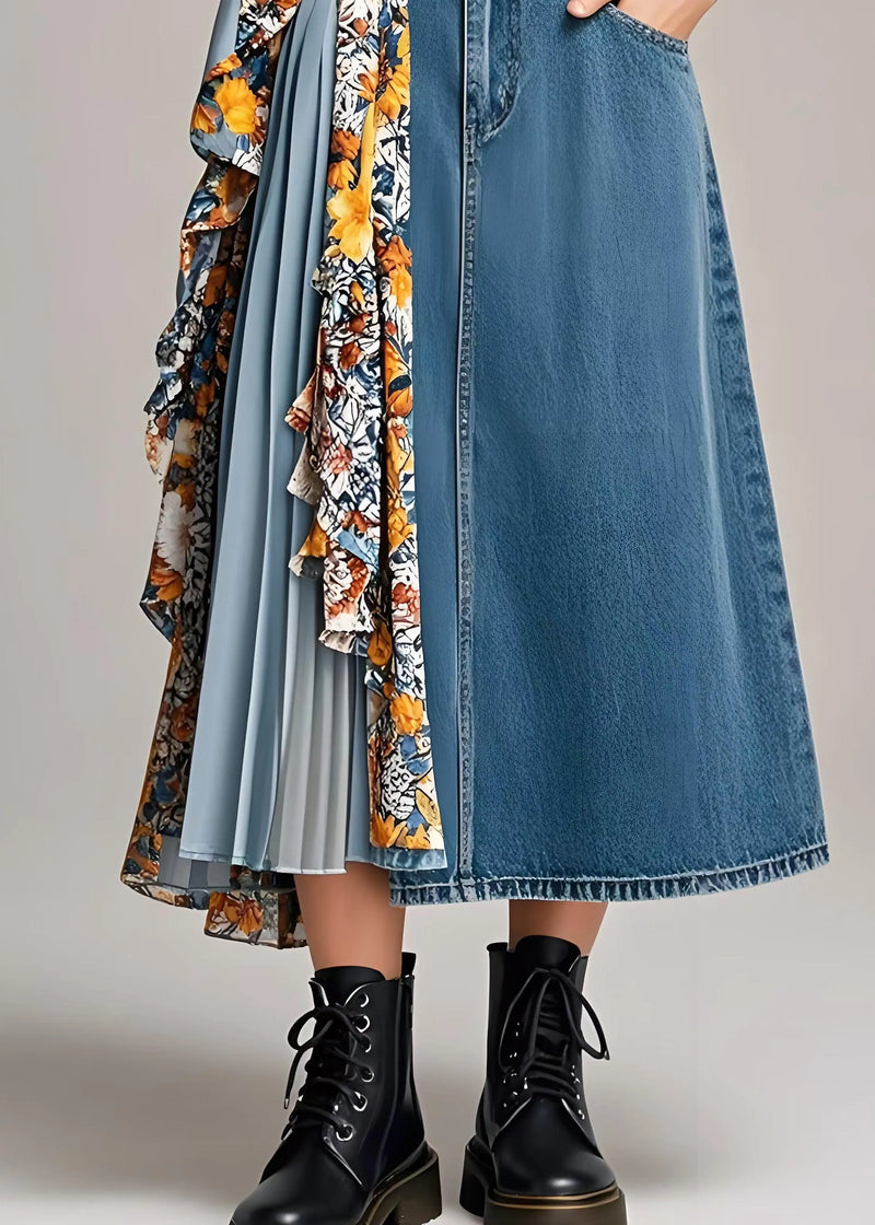 Stylish Navy Asymmetrical Patchwork Wrinkled Denim Skirts Spring