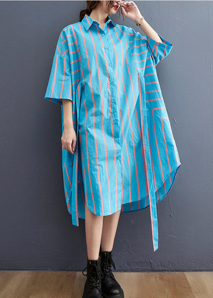 Blue Striped Peter Pan Collar Button Tie Waist Shirt Dress Half Sleeve