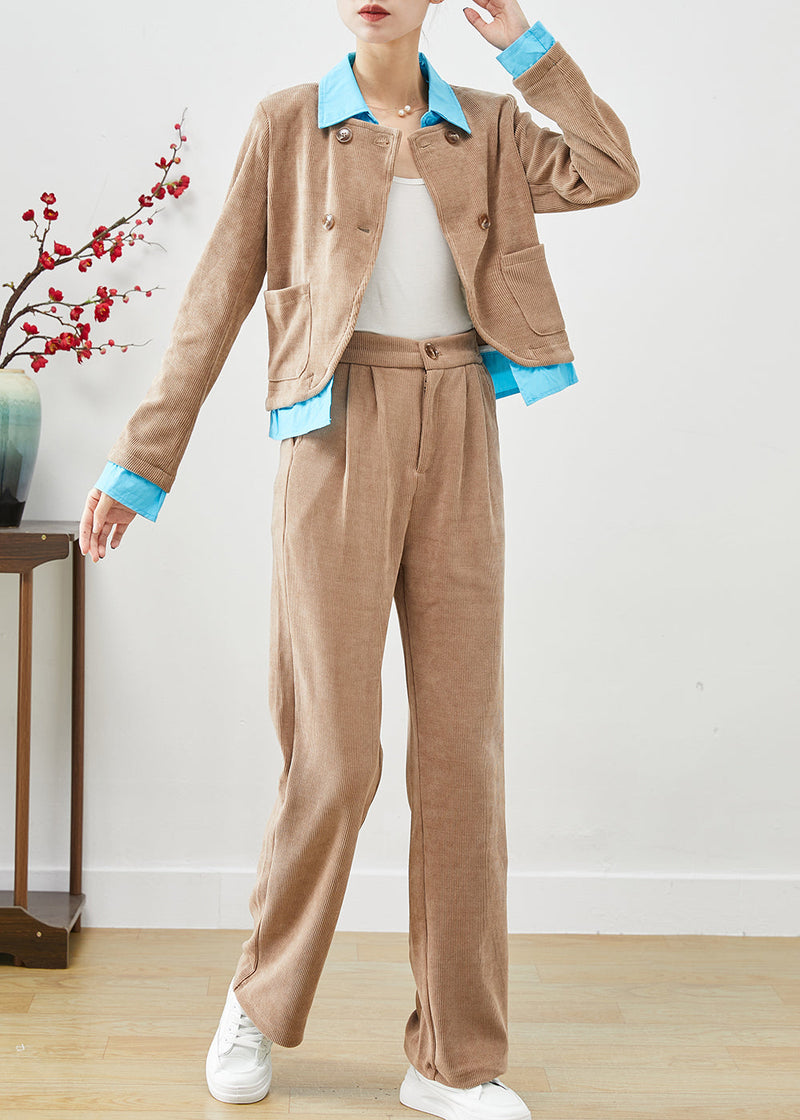 Khaki Double Breast Patchwork Corduroy Two Pieces Set Fall