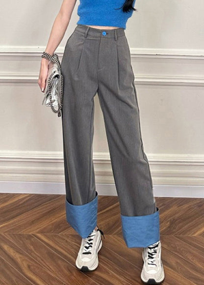 Rose Pockets Patchwork High Waist Straight Pants