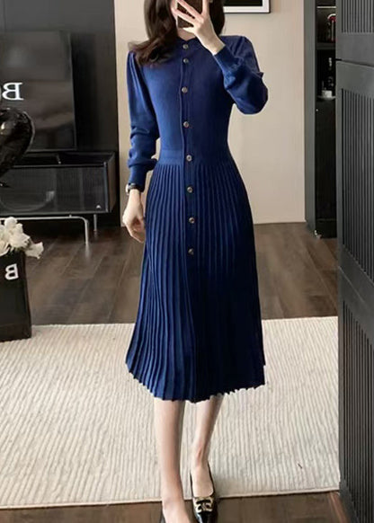Blue O Neck Wrinkled Knit Sweaters Dress Winter