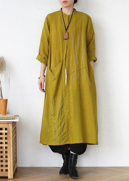 Yellow Peter Pan Collar Linen Long Spring Coat