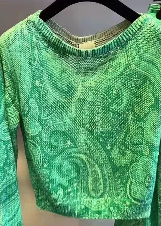 New Green O-neck Print Cotton Two Pieces Set Long Sleeve