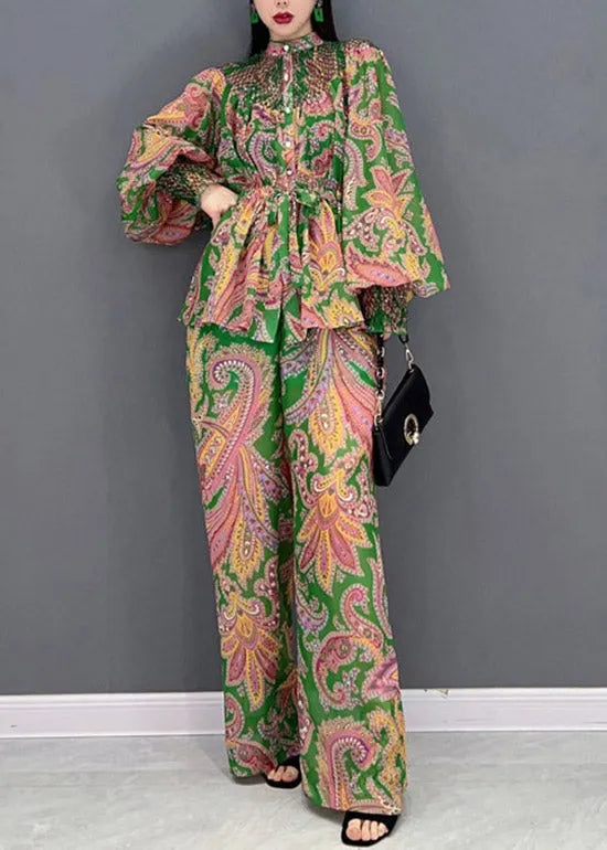 Stand Collar Wrinkled Print Chiffon Shirts and Wide Leg Pants Two Pieces Set Lantern Sleeve