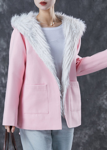 Pink Hooded Pockets Fuzzy Fox Lined Woolen Coat Winter