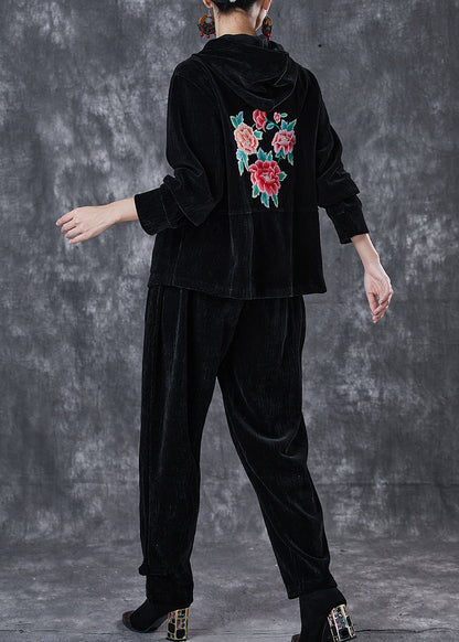 Black Oriental Corduroy Two-piece Set Embroideried Hooded Spring