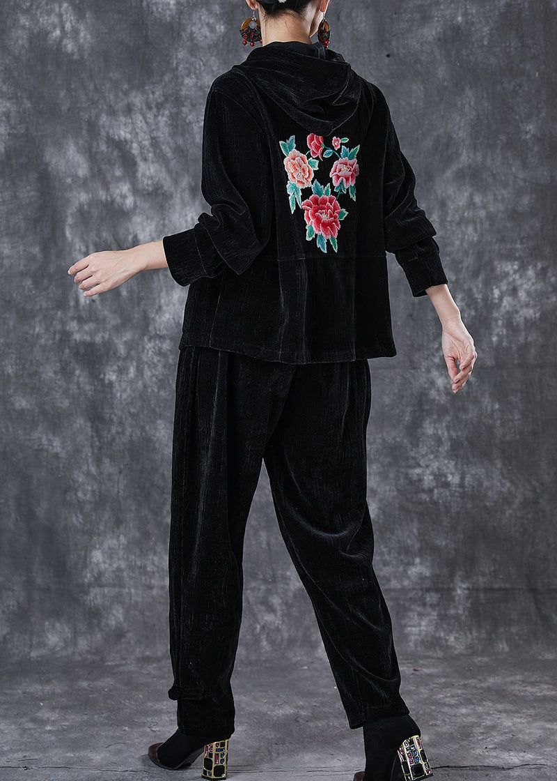 Black Oriental Corduroy Two-piece Set Embroideried Hooded Spring