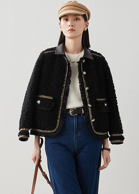Diy Black Peter Pan Collar Patchwork Button Thick Faux Fur Coat Winter