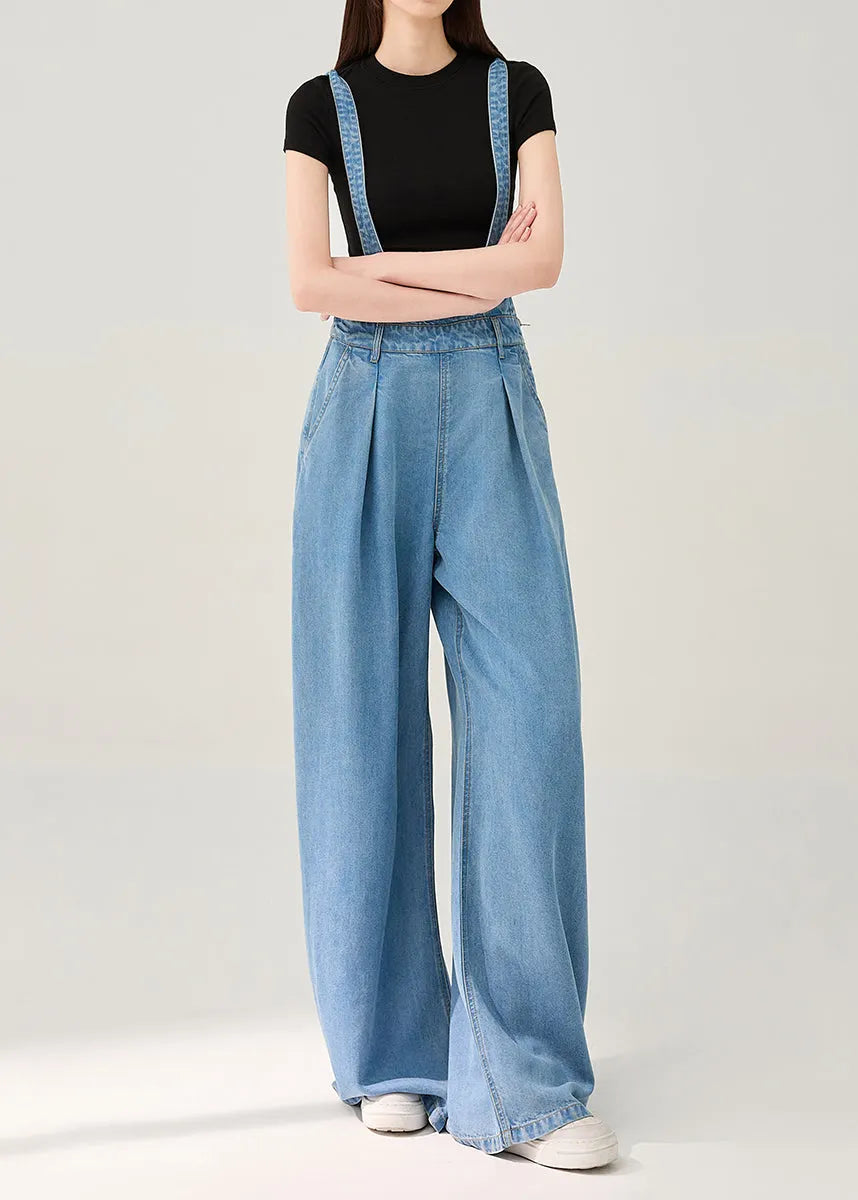 Simple Blue Oversized Denim Wide Leg Pants Jumpsuit Fall