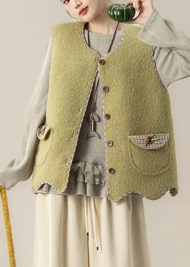 Green Button Faux Fur Waistcoat and Top Two Pieces Set Sleeveless
