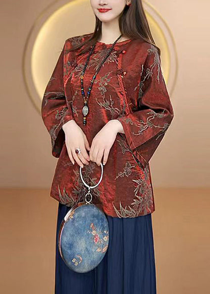 Red O Neck Oriental Button Jacquard Silk Top Fall