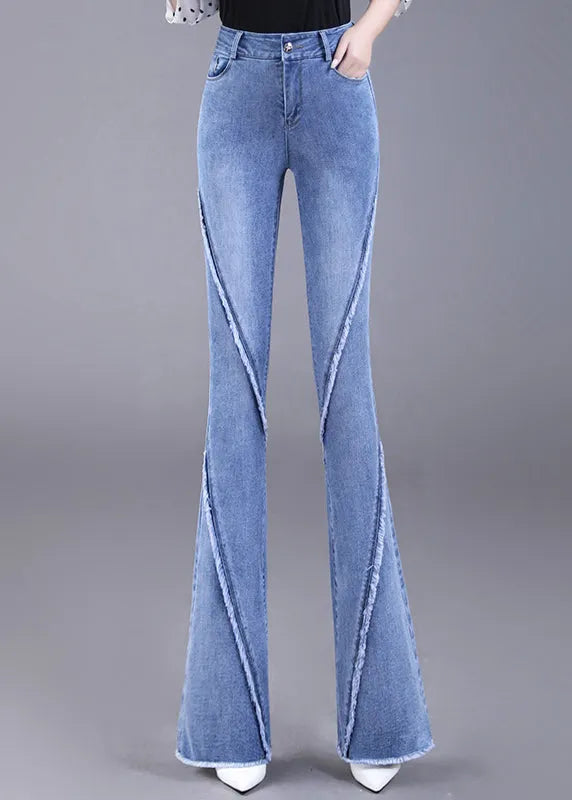 Navy Tassel Pockets Patchwork Denim Flared Trousers Fall