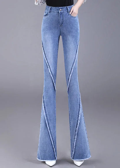 Navy Tassel Pockets Patchwork Denim Flared Trousers Fall